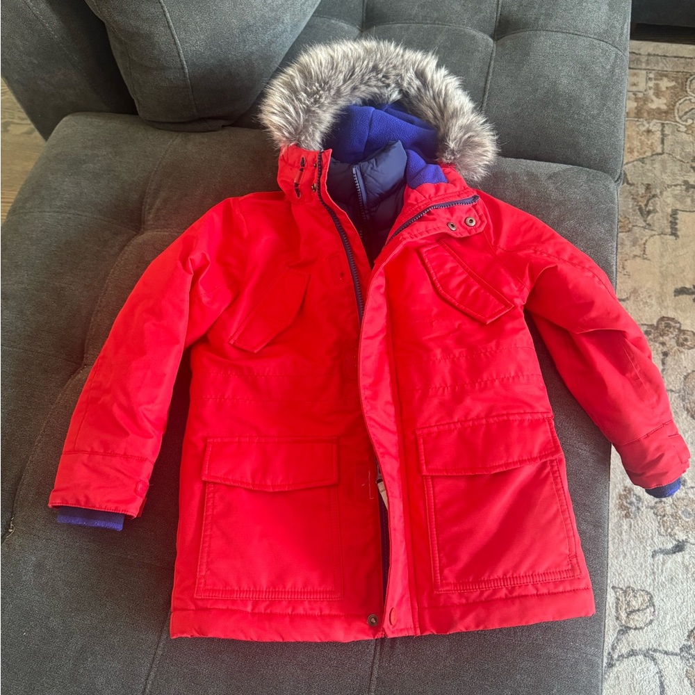 Mini Boden Red Puffer Jacket with Faux Fur Hood